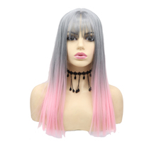 European and American fashion gray powder two-color long straight hair wig simulation scalp natural traceless high temperature silk cute female full headgear