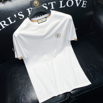 Silk sliding pro-skin ~ summer thin silk light cotton white round collar short sleeve T-shirt for mens body pressure gel bronzed and drilled t-shirt