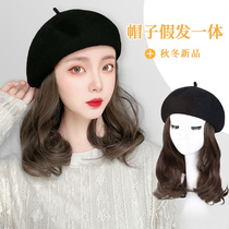 Wig female curly beret hat one fashion pear flower roll natural Net red autumn winter short curly hair full head cover