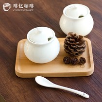 Big belly sugar tank Milk pot Pure white ceramic milk tank with spoon Coffee sugar block milk tank Milk cup Kitchen honey seasoning jar