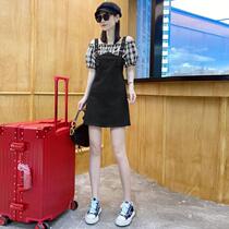 European station dress female summer 2021 new shoulder bubble sleeve short sleeve splicing fake two pieces shoulder shoulder strap skirt