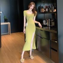 2021 summer Net red with the same temperament goddess Korean fashion show leg long high open Fork long skirt slim dress