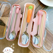 Childrens chopsticks spoon Fork three-piece set portable cute female girl heart pupils eating tableware set short