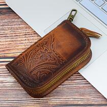 Baotou Layer Handmade Cow Leather Key Wallet for men and women Zipped leather grip leather Leather Goods Origin Tree Paste Leather Embossing Creative License