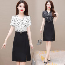 Chiffon polo point fake two-piece dress 2021 summer new belly thin middle-aged mother short sleeve plus size dress