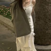 Fat sister suspenders dress womens summer dress new black and white high-grade slim ruffle drawstring skirt temperament