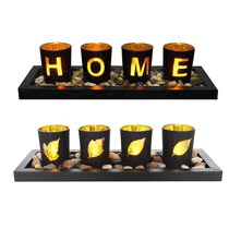 Candle Holders Set Includes Ornamental Stones Black Wood Tr