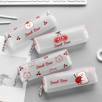 Cherry bear translucent mesh mesh mesh pencil bag cartoon cute student large capacity stationery test storage bag