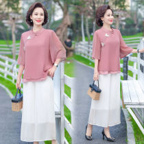  Moms summer loose mid-sleeve T-shirt suit middle-aged womens fashion large size noble two-piece suit shows temperament