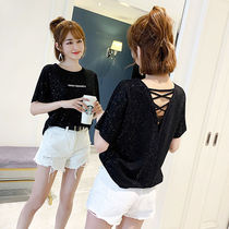 Bright silk short sleeve womens new summer Korean version of loose ins shirt black sexy backless T-shirt female niche Tide
