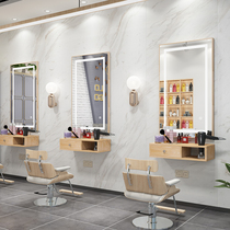 Special trendy cabinet for hair salon One-piece simple LED solid wood mirror with lamp Barber shop mirror net red hair mirror