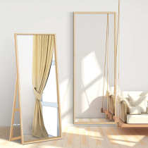 Full-length mirror floor-to-clothes mirror girl bedroom mirror wall-mounted home wood color solid wood style fitting mirror
