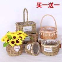 Straw flower basket rattan flower pot creative hand-woven European flower arrangement green flower arrangement multi-meat Wicker wicker wall ornaments portable