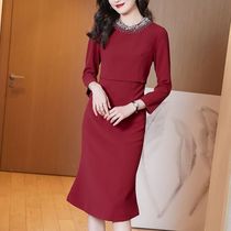 New Year's Red Dress Women's 2021 Spring Autumn and Winter Fake Two-piece Rhinestones Medium Long Dress Fishtail Dress Spring Dress