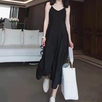 Spring and Autumn Women's New Black Condole Dress Summer V-Neck Fashion Waist Slim Biting Skirt 2021