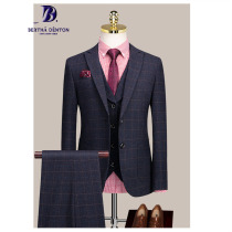Bertha Danton suit suit suit men Spring and Autumn British business light luxury slim middle-aged plaid suit three-piece suit
