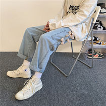 Spring pants mens loose Joker trend Korean straight jeans mens nine wide legs mens pants spring and autumn Leisure
