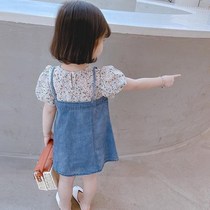 Girls Skirt Summer Thin Fake Two Piece Dress 2021 Baby Denim Skirt Short Sleeve Flower Princess Dress