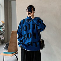 Chao mens letters sweater mens handsome autumn and winter handsome loose Joker half high neck color knit sweater thick coat
