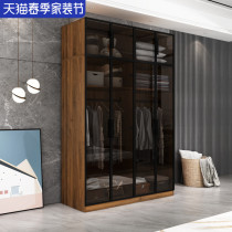 Custom glass large clothes cabinet glass door Home bedroom modern minimalist solid wood closet combined finished light lavish cabinet