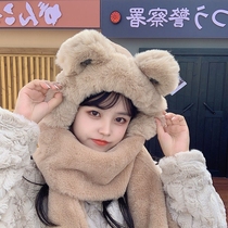 Autumn and winter hat scarf round face Korean scarf hooded new two-in-one female three-piece thick warm ear protection