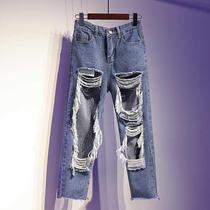2021 new hole beggar nine jeans men Korean version of large size mens pants loose slim rag straight pants autumn