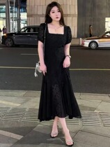 Large-yard woman fat mm square-collar splice dress female summer fat temperament appears thin and thin dress