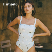 Limone new retro print square collar one-piece swimsuit women thin belly cover up conservative French ins Spa Resort