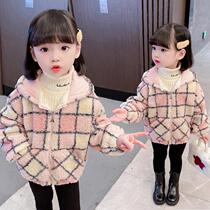 Bala Zhejiang Springboard Girls Great Plaid Fur Thickened Jacket 2021 Winter New Children Han Edition Fashion Middle Children