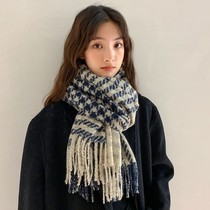 Blue grid high-end scarf blue Korean grid autumn and winter blue white women winter thickened warm increase 2021 New