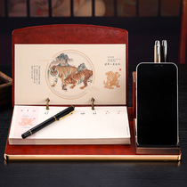 Leather desk calendar custom 2022 desktop calendar ornaments set-up platform Tiger year business exquisite retro weekly calendar pen holder office work office Chronicle custom-made corporate gift advertising