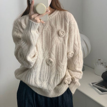 Heavy Industry European products explosive chic high-end sense super good-looking three-dimensional embroidered rose hook flower raccoon velvet sweater female winter