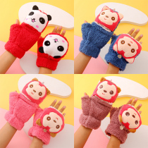 Senior students gloves children plush flip 10 middle school children 15 years old parent-child outdoor warm cartoon female half finger