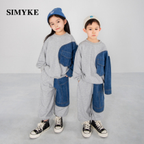 simyke suit series spring tide card childrens clothing loose male and female round collar sweater suit thin section