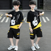 Boys summer clothing suit 2022 new handsome children printed short sleeves T-shirt overalls CUHK boy two sets