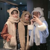 Joker cute bear ears warm double padded autumn and winter women's hat scarf gloves three-piece one woman