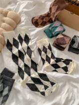 Retro black and white Brown Lingge Ladies Spring and Autumn Winter cotton girls checkerboard calf socks stockings