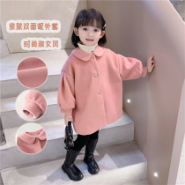 Girls autumn and winter double face coat Korean version of pure color wind clothes in long style Ocean Collar Woman Baby Ladies Wind Coat