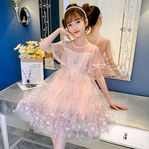 Girls dress 2022 new Summer little girl Korean version of Korean Air Network yarn CUHK Girl Princess Dress Dress Damp