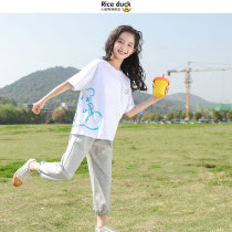 Girls sports suit 2022 new summer clothing foreign air CUHK Pure Cotton Short Sleeve Trendy Summer Boy Clothing Two Sets