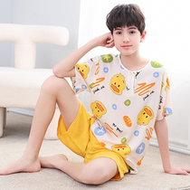 Big kids cotton pajamas summer teen boys kids boys short sleeves thin cotton air-conditioned loungewear set