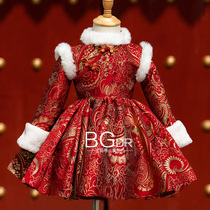 Wine Red Week Old Dinner Dress Baby Girl Qipao National Tide Don Dress Plus Thicken to thicken New Years New Years winter service Winter