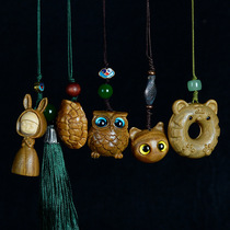 High-grade green sandalwood carving owl DIY mobile phone ornaments Fujia keychain cute cat wishing rabbit bag ornaments