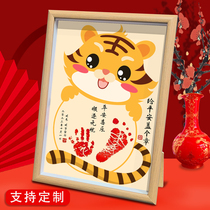 Baby Tiger Baby Rabbit Full Moon Hundred Days Hands and Footprints One Year Old Calligraphy and Painting Photo Frame Birthday Arrangement Wall Decoration Ornament