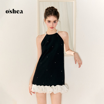oshea advanced handmade beaded black sling dress female 2023 summer new slim starry a-line skirt