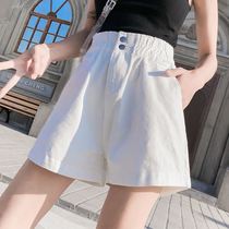 Korean denim shorts Women summer size fat mm elastic waist loose thin wide legs high waist A hot pants White