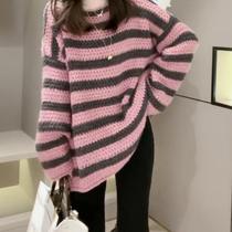 Lazy style striped round neck pink sweater womens 22 autumn and winter new loose long-sleeved thickened sweater