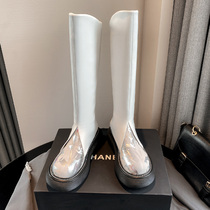 Niche split tall trousers boots leather white boots female knight boots thick legs sloping big head thick soled boots