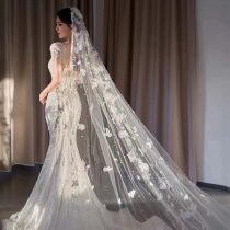 New bride veil white lace lace sticker master wedding veil long drag-tailed luxury lace heads
