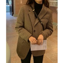 2021 Winter New woolen suit jacket womens casual thick little man English style retro plaid suit